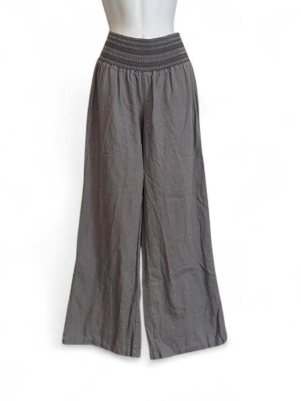 Rewash Wide Leg High-Waist Smocked Band Pants - Gray